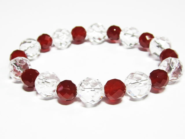 開運の紅白ブレスレット・パワーストーン水晶10mm64面カット 赤メノウ8mm64面カット交互 ブレスレット