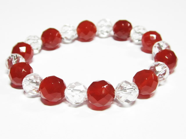 開運の紅白ブレスレット・パワーストーン 赤メノウ10mm64面カット 水晶8mm64面カット交互 ブレスレット
